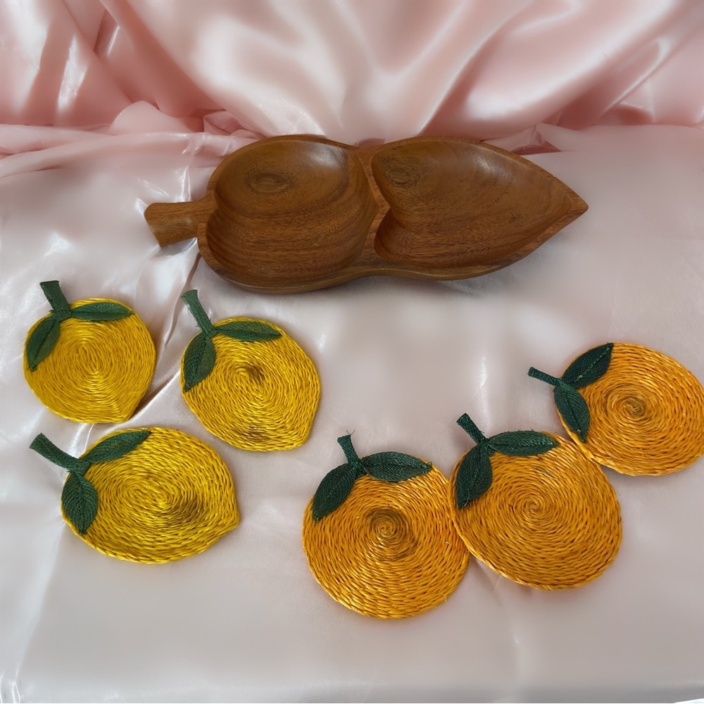 Vintage fruit raffia coasters and wooden tray set home decor 70s indie boho
